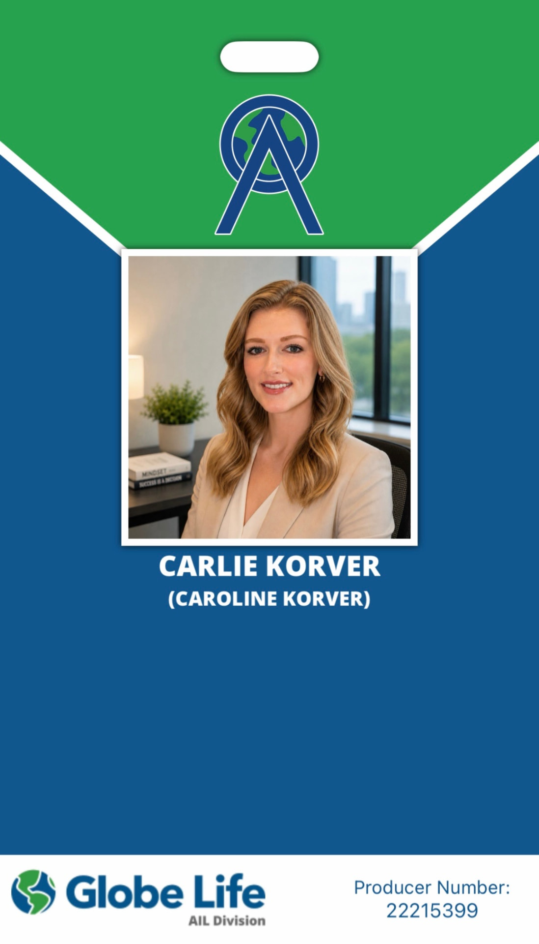 CARLIE KORVER — Benefits Representative, Globe Life American Income Division ID badge